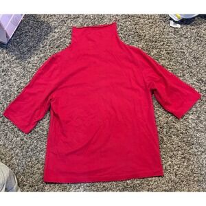 John Patrick Organic Red Pima Cotton Mock Neck Elbow Sleeve Top Large